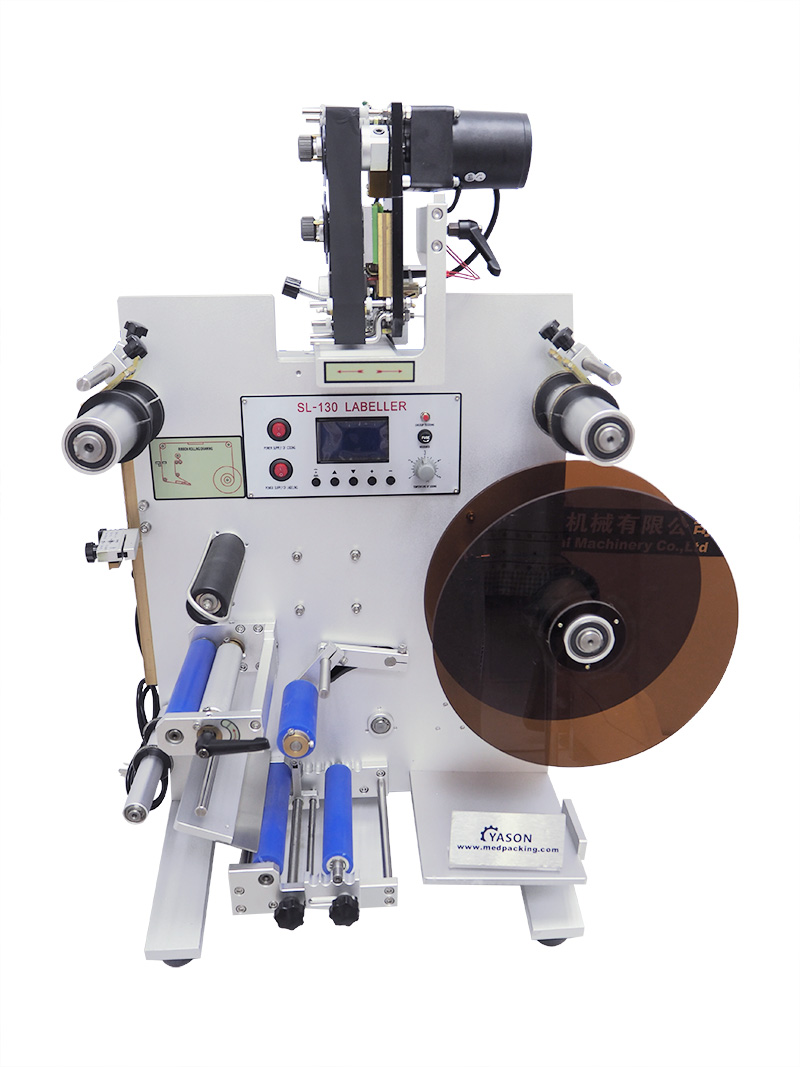 YS-130 Semi-Automatic Double Sides Labelling Machine for round bottles Machine Sticker Labeler with Date Printer