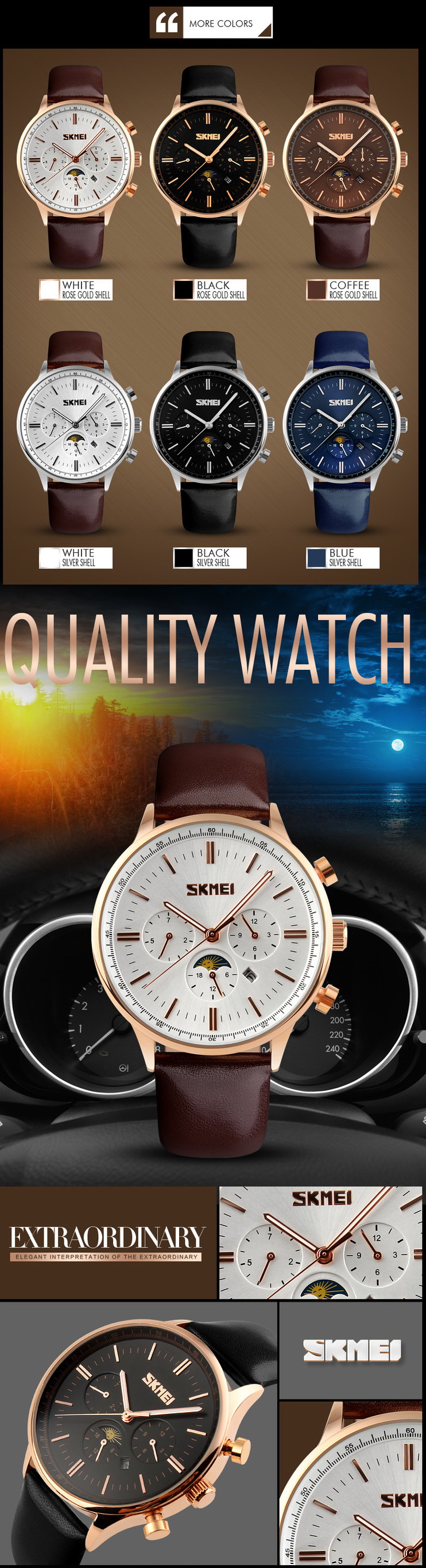 Unique luxury blue dial skmei 9117 relojes moon phase quartz watch
