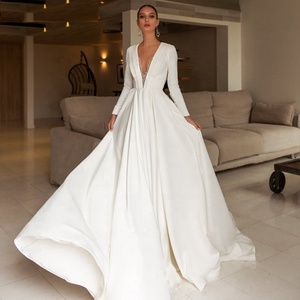 Elegant Lady Puffy Pleating Long Sleeve A Line White Deep V-Neck Satin Wedding Dress