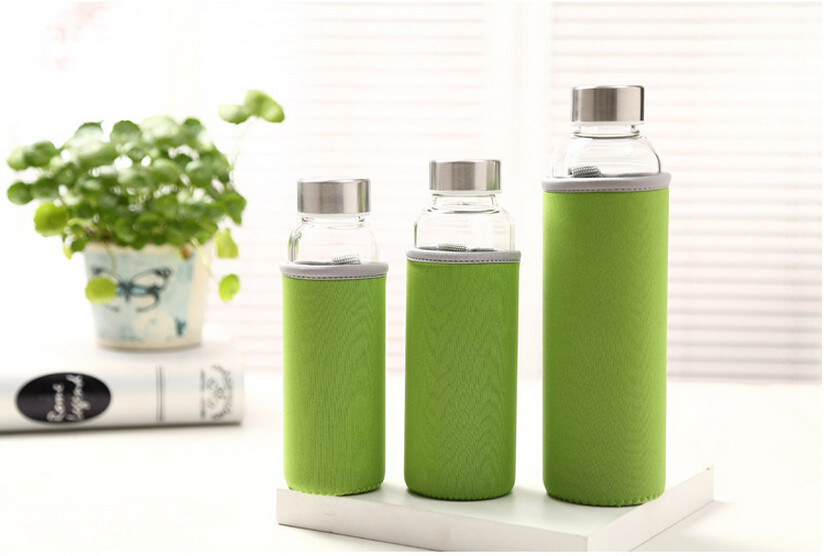 Haonai 18 oz Reusable Glass Water Bottle with Nylon Protective Sleeve and Carrying Loop,Stainless Steel lid