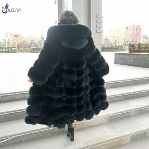 ALICEFUR Long style dyed real fox fur coat with hood for women