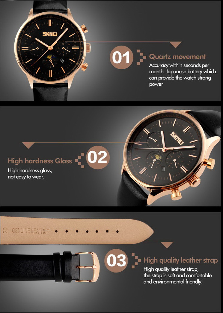 Unique luxury blue dial skmei 9117 relojes moon phase quartz watch