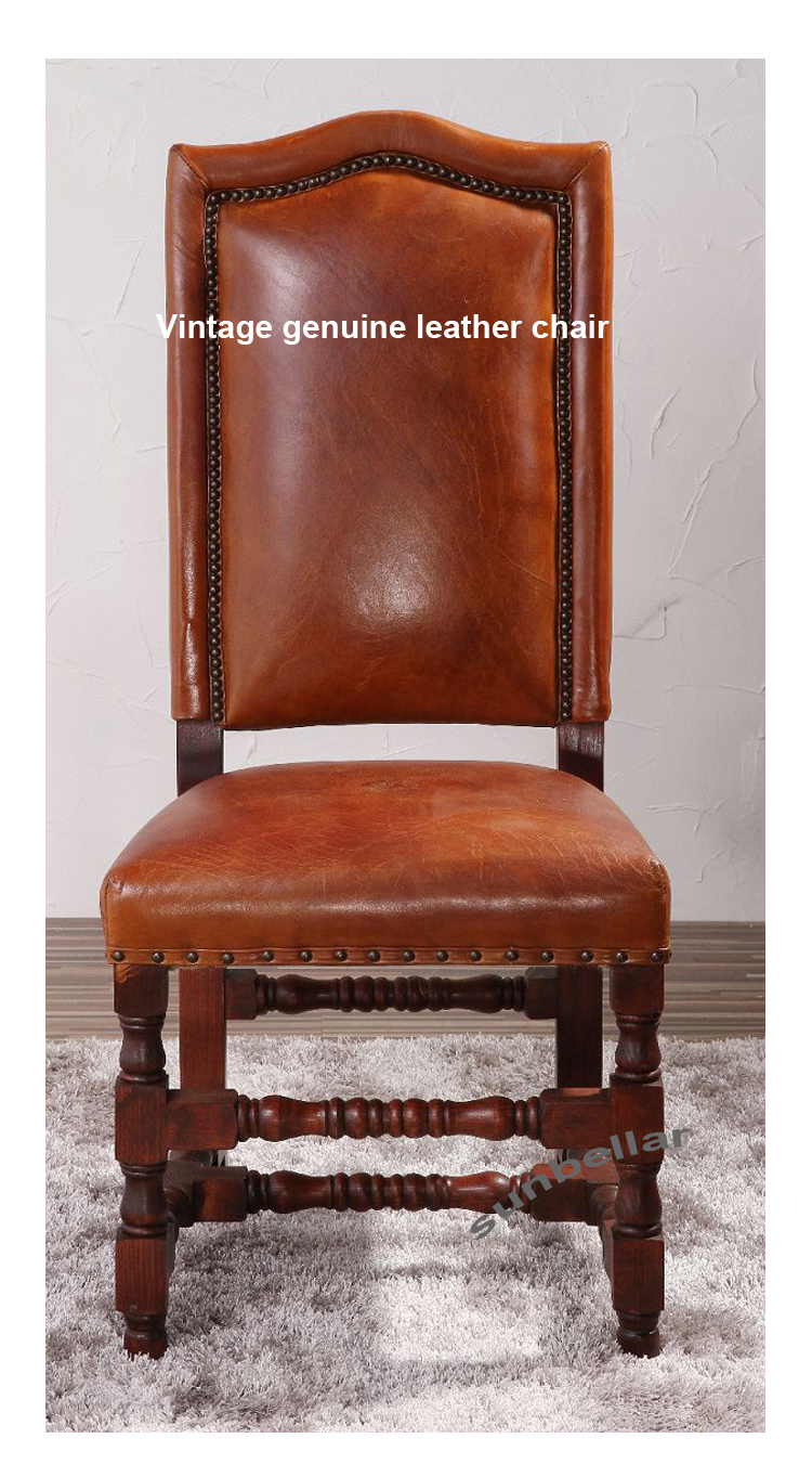 wholesale vintage genuine leather distressed dining chair wooden legs antique brown leather high back chairs for dining room