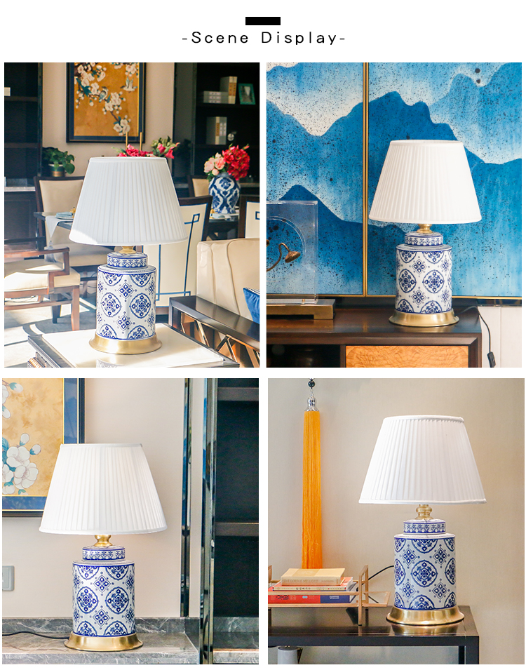 Jingdezhen blue and white full copper ceramic table lamp in living room and hotel for bedside cupboard