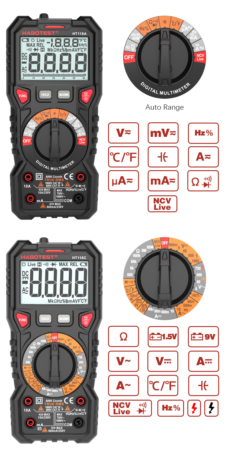 High Precision HABOTEST HT118C Capacitance Resistance Current Voltage T-RMS Digital Multimeter