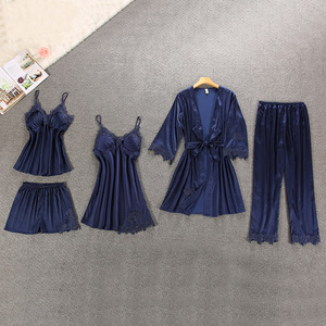 Women Pajamas 5 Pieces Satin Bride Robe Silk Ladies'Home Wear Embroidery Sleep Lounge Pyjama With Chest Pads