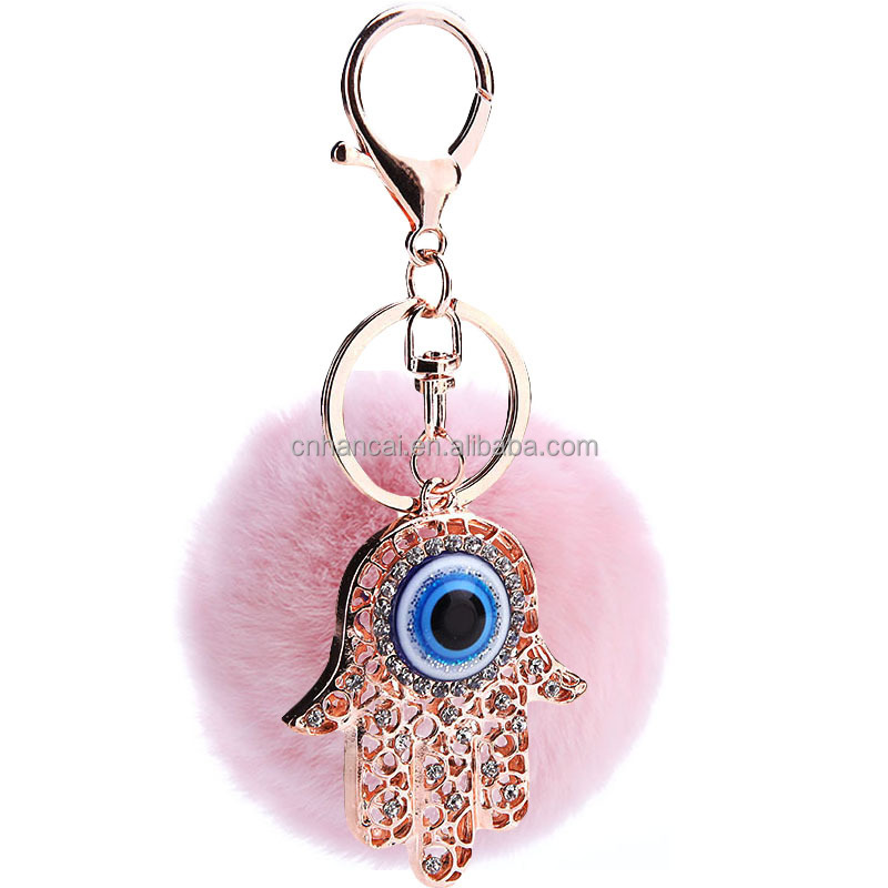Пушистый брелок для ключей с помпоном из кроличьего меха, 8 см, брелок с кристаллами и греческими глазами, брелок для ключей, цепочки, очаровательные металлические подвески для ключей, подарки