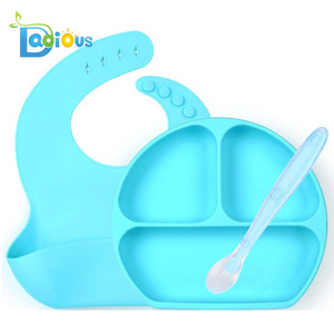 Baby Feeding Set Silicone Bowl With Spoon Silicone Bib Three Pieces Set Baby Feeding Plate