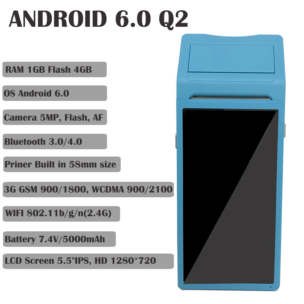 JP-Q2i 3G WCDMA WiFi Android 8.1 Handheld PDA with built in Mobile Thermal Printer