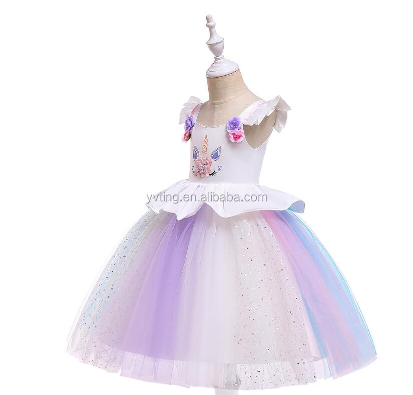 Baby Girl Unicorn Flower Princess Dress Birthday Party Princess Dress Stitching Colorful Net Yarn Princess Dress