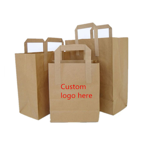 Оптовая продажа, пакет из крафт-бумаги с плоской ручкой и логотипом на заказ для упаковки подарков