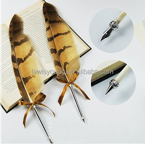 复古猫头鹰羽毛笔精致电镀杆羽毛笔圆珠笔婚礼签名