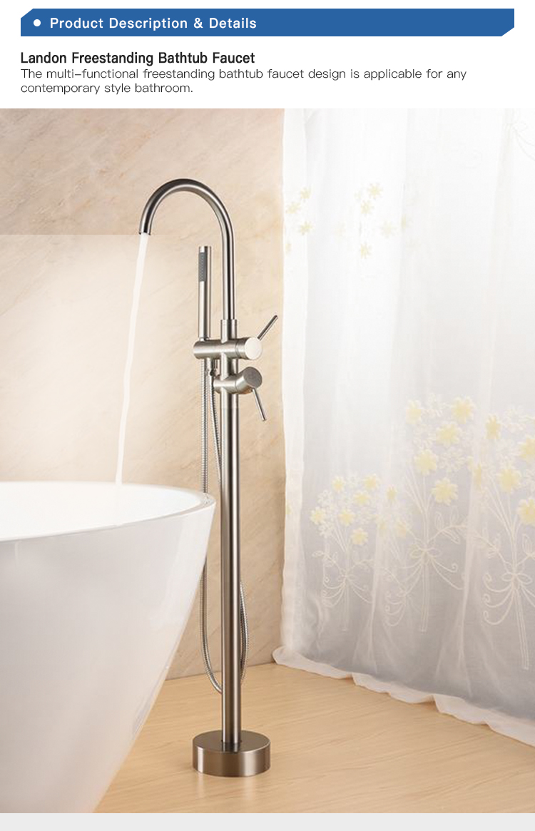 Bathroom Brass Brush Nickel Floor Mounted Tub Filler Freestanding Bath Tub Shower Faucet
