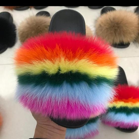 Новое поступление; Женские тапочки из норкового меха; Лидер продаж; Разноцветные зимние шлепанцы с лисьим мехом енота; Женские домашние тапочки; Обувь на плоской подошве