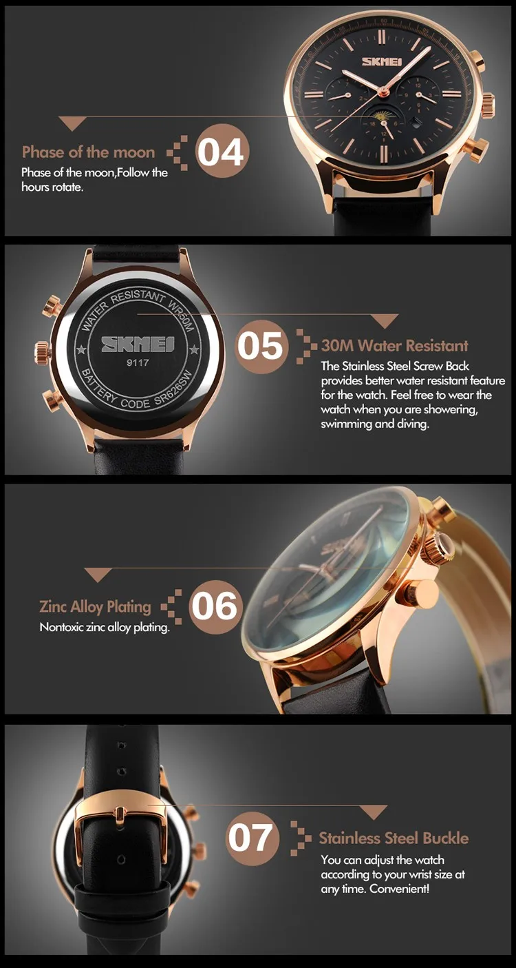 Skmei montres imperméables hommes Top marque De Luxe Skmei 9117 Amoureux montre dernière nouvelle conception en cuir véritable bande skmei Reloj montre