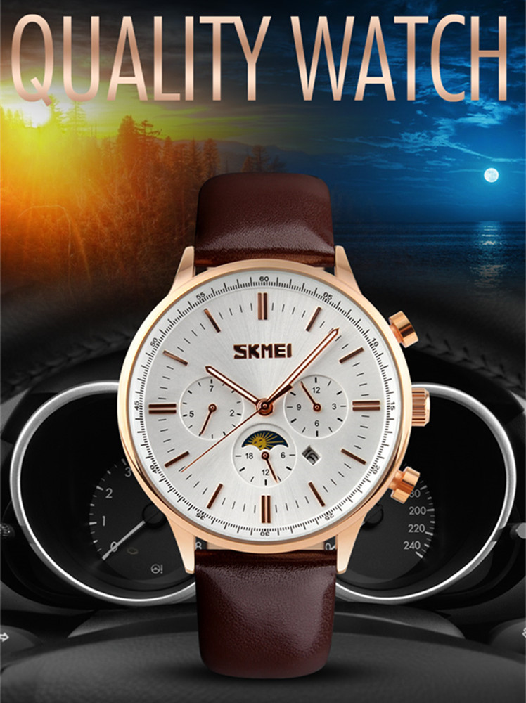 Роскошные наручные часы skmei 9117 с кожаным ремешком, водонепроницаемые кварцевые наручные часы 3atm