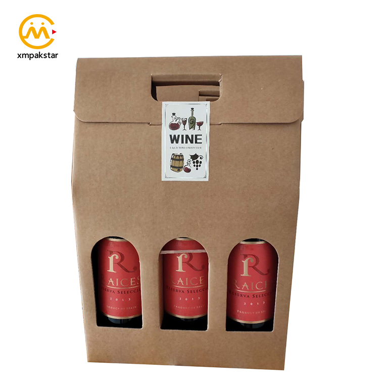 Eco friendly cardboard portable Kraft carton 3 bottle carrying wine packaging box with handle