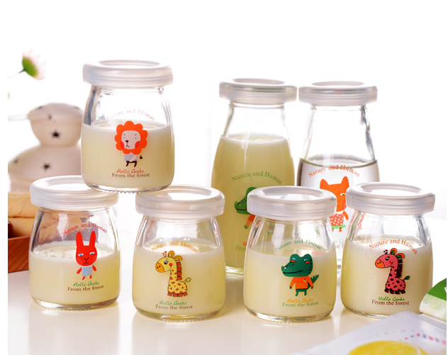 250ml clear glass milk bottle,glass pudding jar with printing and PP lid.