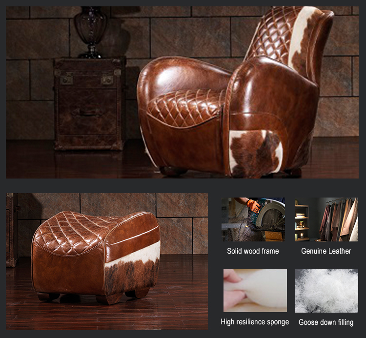 leisure single seat sofa chair vintage leather living room chairs American saddle chair with stool