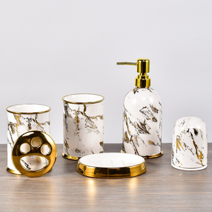 Modern luxury design hotel home decoration ceramic toothbrush holder gold decor marble bathroom accessory set