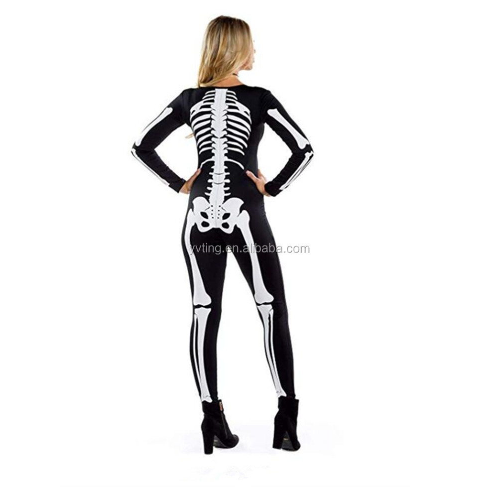 new arrival women's skeleton halloween costume bodysuit with back printing