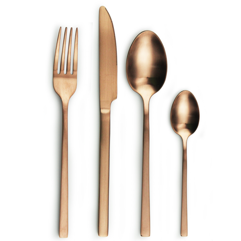 Безопасный матовый роскошный обеденный стол из нержавеющей стали для мытья посуды, набор медных столовых приборов