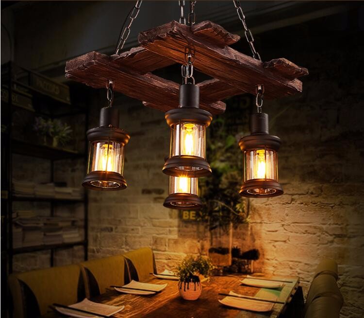 4 lamps head retro painted solid wood antique iron wooden hanging lamp for coffee shop,bar