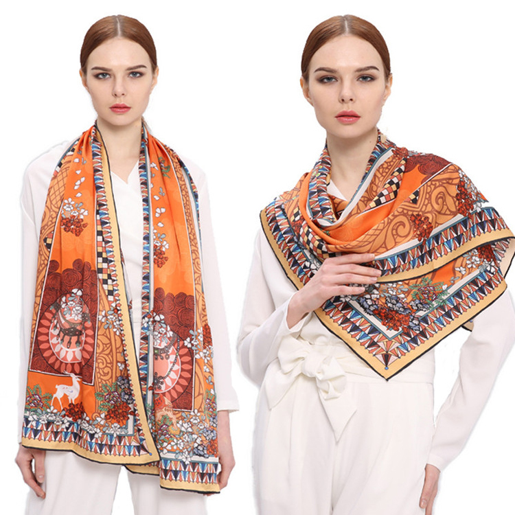 YYNIGHT Soft floral print silk scarf female shawl-Khaki/_110X200CM