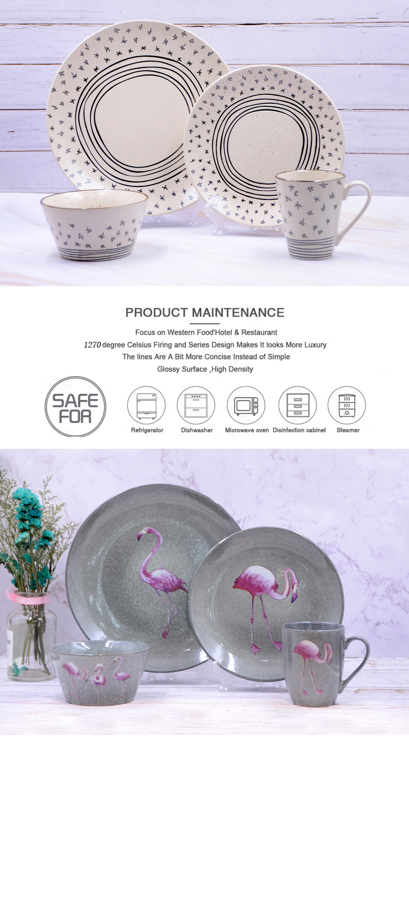 16Pcs Hand Painted Ceramic Dinnerware Sets with flamingo decal