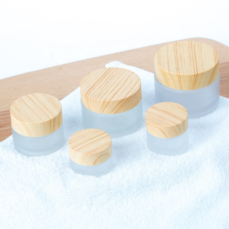 wood grain face cream jar 5 10 15 30 50 ml empty cosmetic packaging frosted glass jar with water transfer wooden lid and spoon