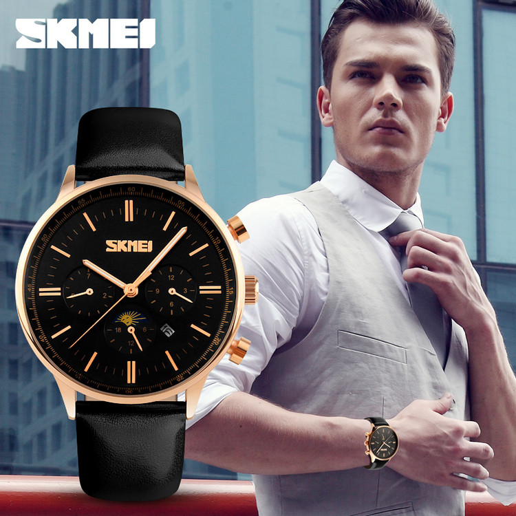 Unique luxury blue dial skmei 9117 relojes moon phase quartz watch