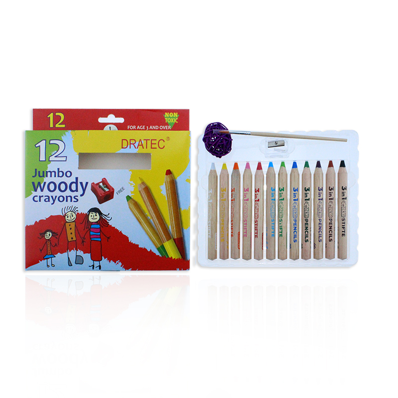 LARGE WOODY WAX CRAYONS 12PCS PACKING FOR KIDS EASY DRAWING NON TOXIC