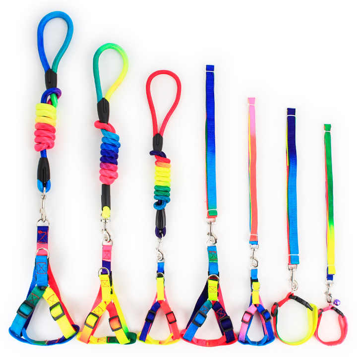 China Yiwu Pet Products Supplier Wholesale Round/Flat Durable Nylon Belt  Rainbow Color Dog Leash With Harness Multi Colors
