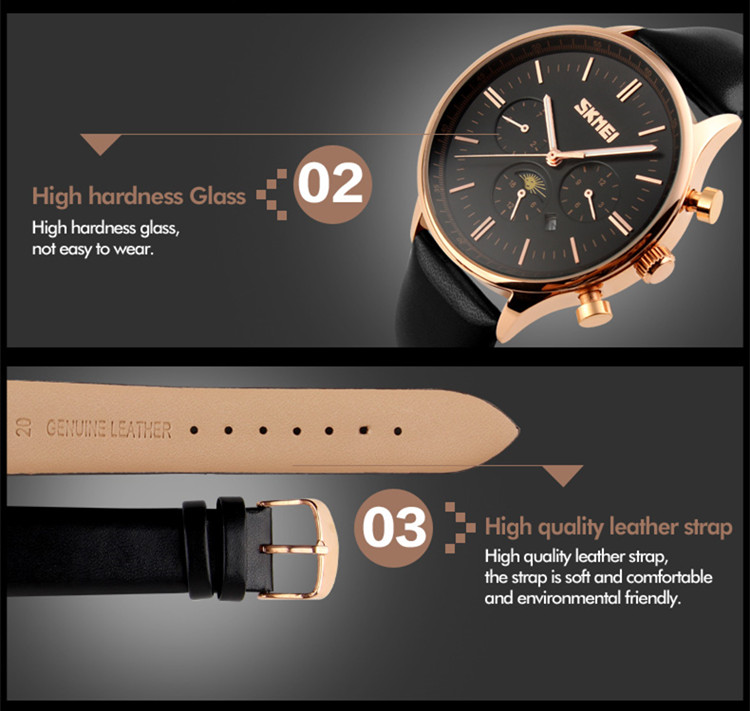 Роскошные наручные часы skmei 9117 с кожаным ремешком, водонепроницаемые кварцевые наручные часы 3atm