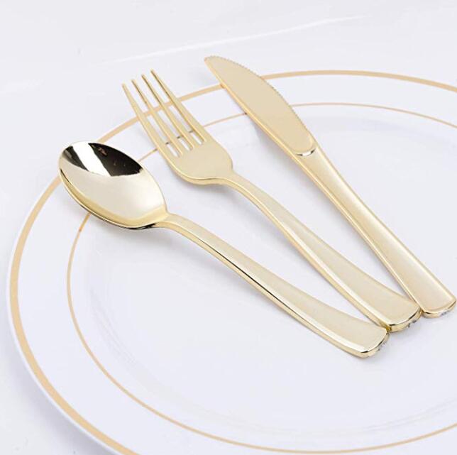 150 штук Золотые пластиковые Тяжелый вес набор столовых приборов для свадьбы вечеринок