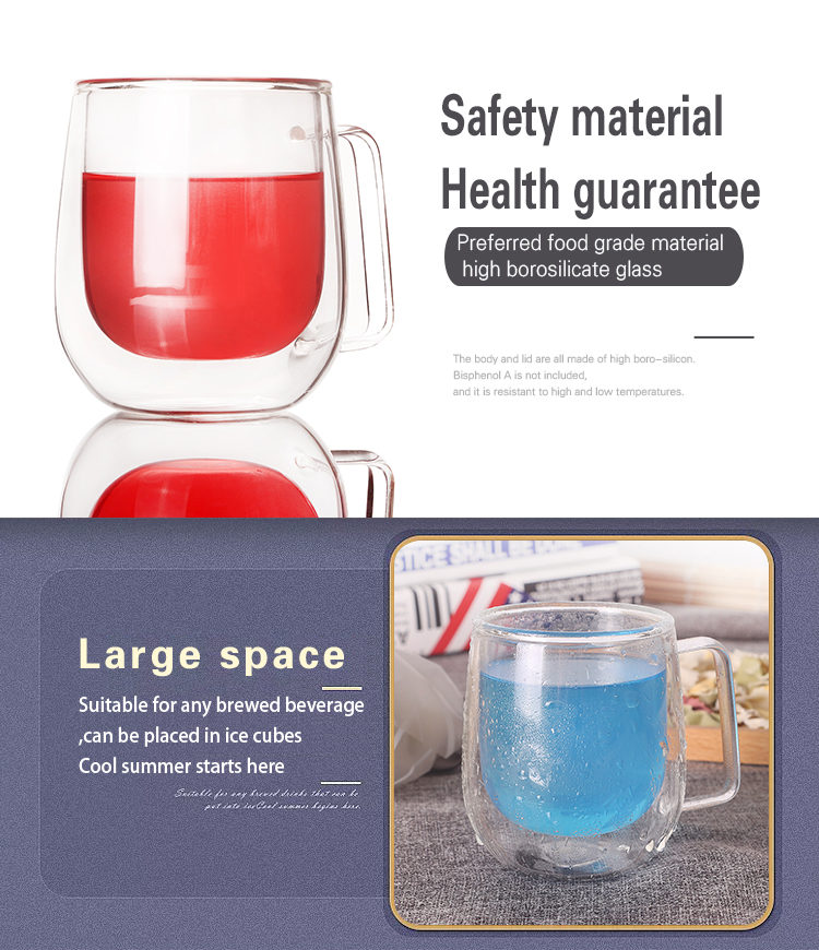 LOGO Custom Glassware Manufacturer Unbreakable Clear Borosilicate Double Wall Glass Tea Cup With Handle