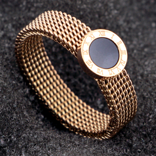 VENDA HOT VENDENDA NURBALAGEM ROMANO PERSONALIZADO 316L Aço inoxidável Rose Gold Disc Mesh Mesh Band Ring for Women