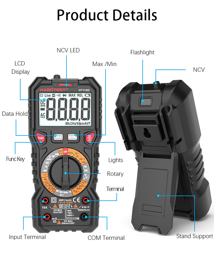 High Precision HABOTEST HT118C Capacitance Resistance Current Voltage T-RMS Digital Multimeter