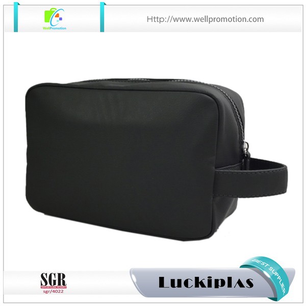 Bolsa de maquillaje cosmético de viaje para hombre de cuero negro con logotipo personalizado