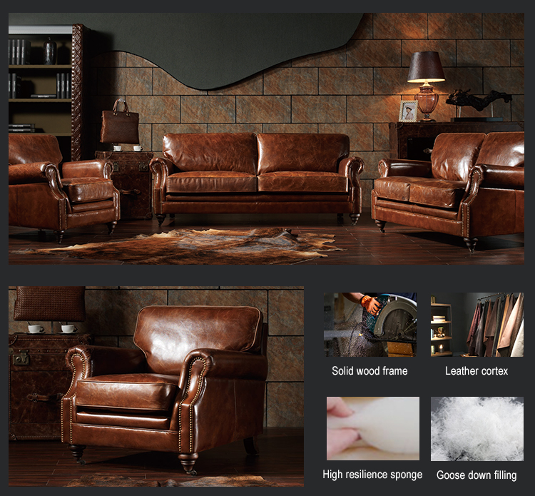 Retro vintage Genuine leather sofa chair comfortable single seat armchair antique arm chair wood living room chair furniture