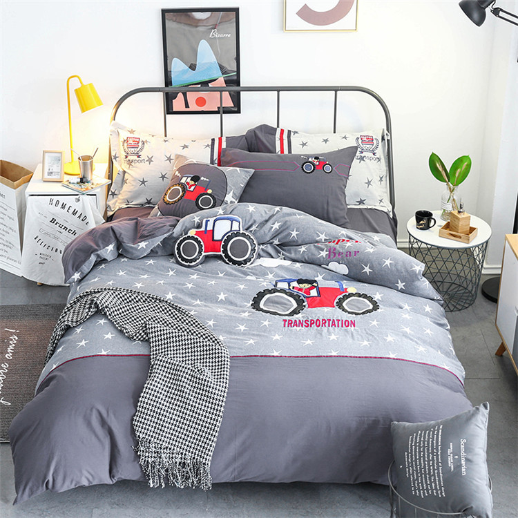 Teen child Embroidery Cartoon, 100% Cotton Transportation England Duvet Set, Kids Bedding Sets Twin Size 3Pcs for boy and girl
