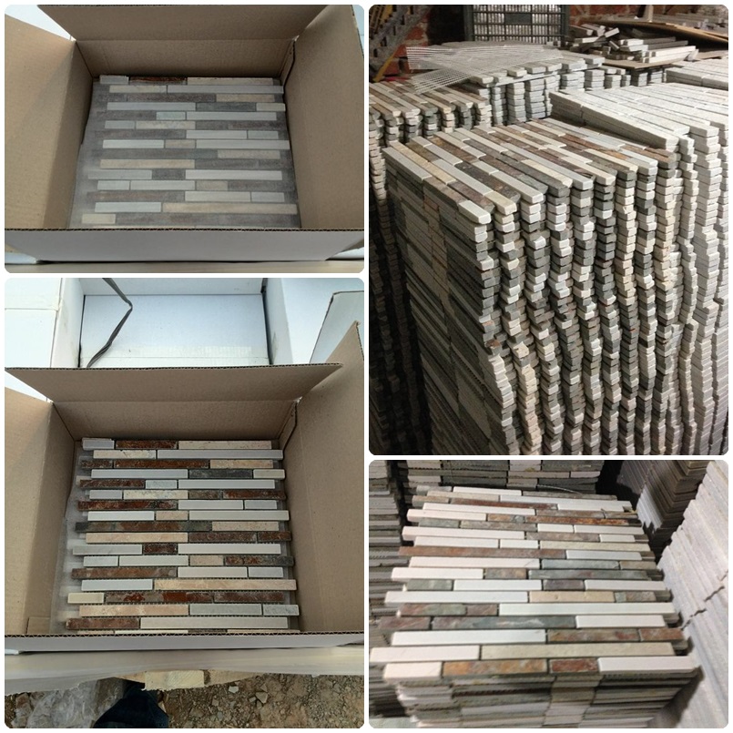 Mesh-back Slate Stone Random Strip Mosaic for Kitchen Backsplash Tile