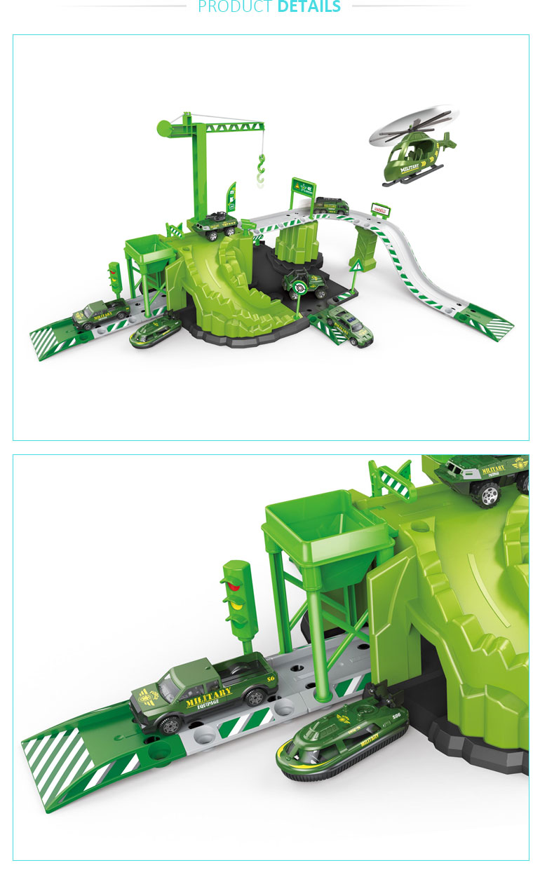 kids play diecast military base car toy parking garage with aircraft