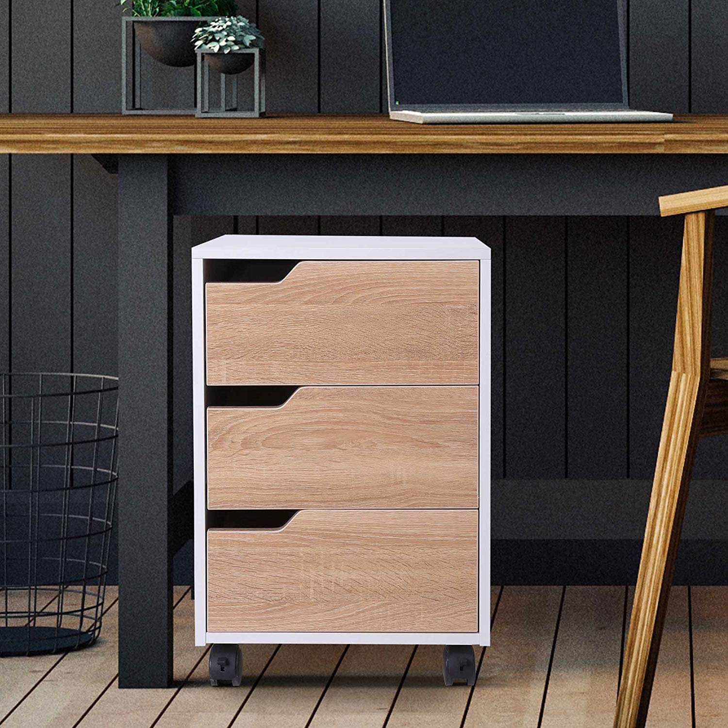 MDF Mobile File Cabinet Pedestal with 3 Drawers Lockable Casters Oak and White