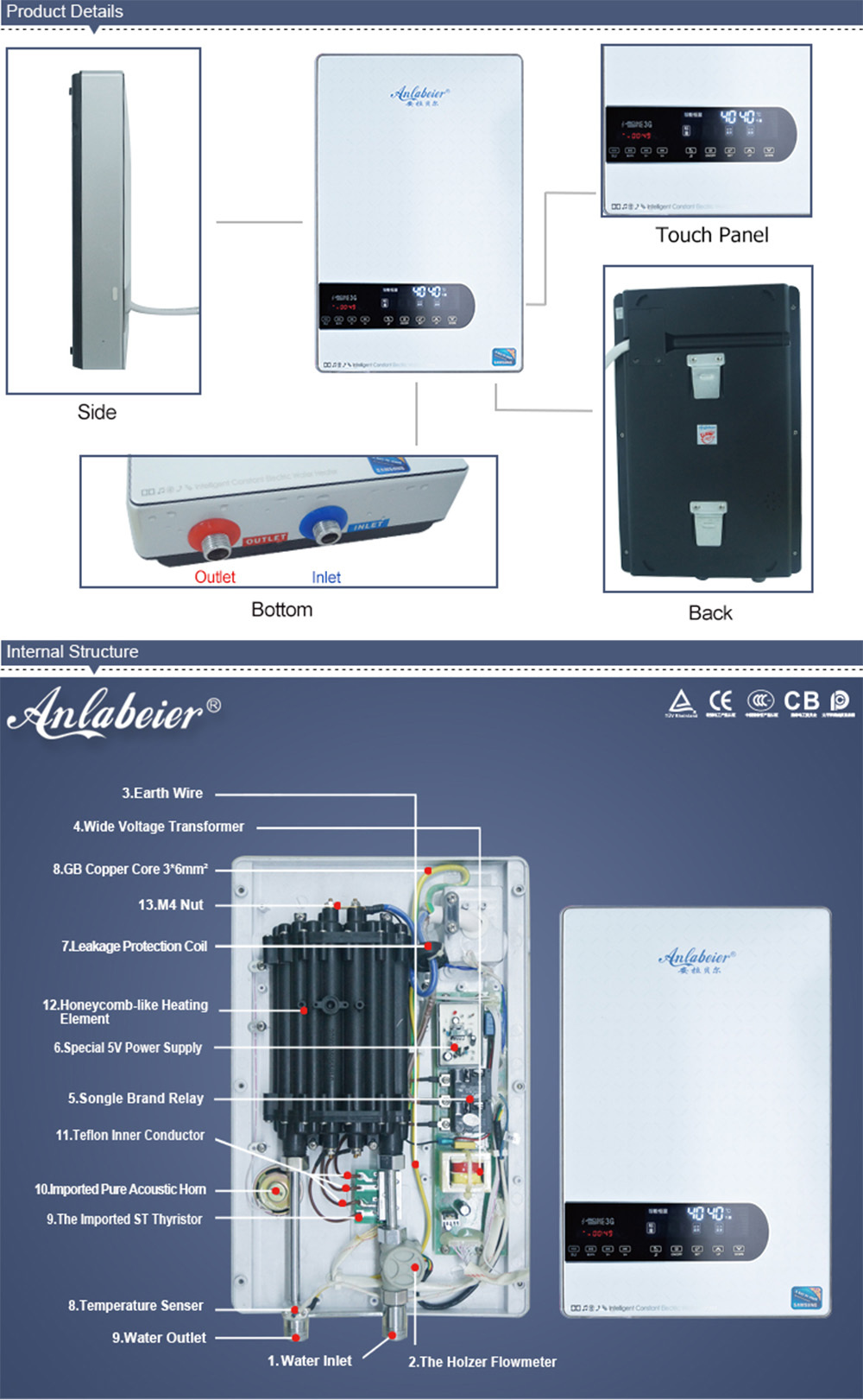 Powerful quickly heating 240V 8.0KW instantaneous bathroom electric shower water heater