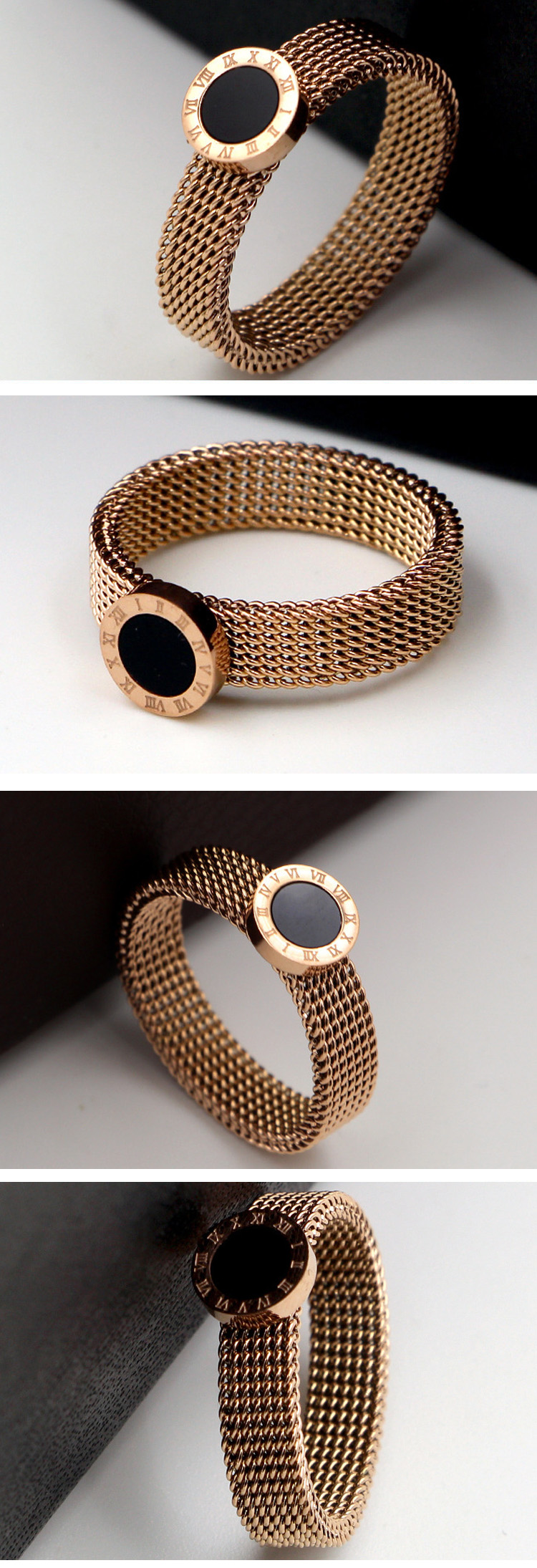 VENDA HOT VENDENDA NURBALAGEM ROMANO PERSONALIZADO 316L Aço inoxidável Rose Gold Disc Mesh Mesh Band Ring for Women
