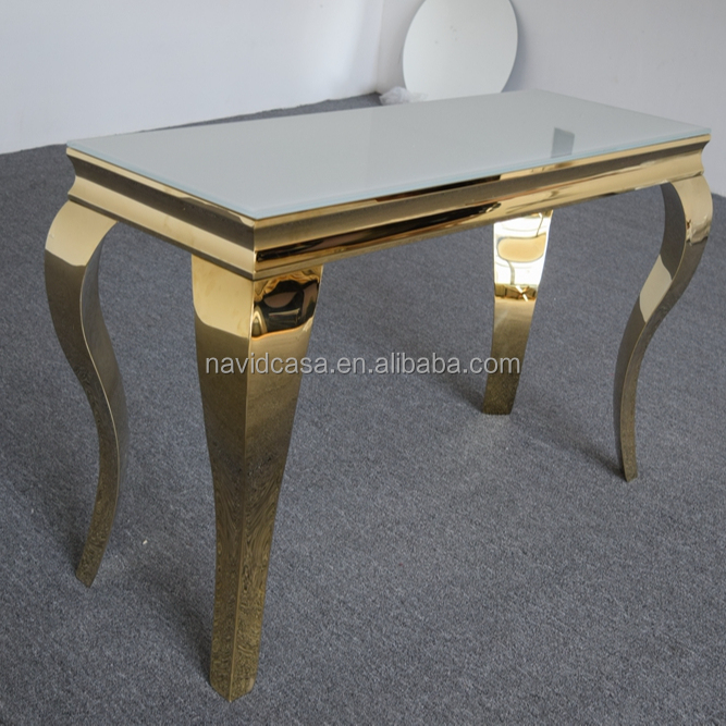 C8029 современный золотой металлический консольный стол с белым закаленным стеклом