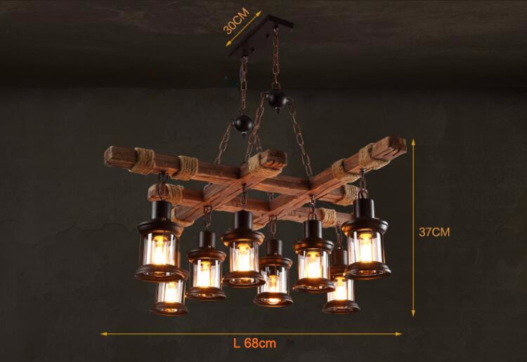 Loft 8 lights metal chain cross solid wooden chandelier pendant light with transparent glass shade
