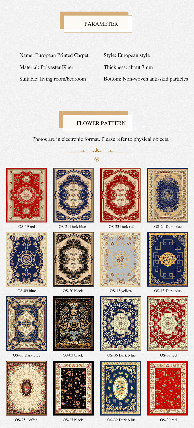 Customize Sizes Bottom Non-slip Design Polyester Fabricn Decorative Europe Style Home and Hotel Carpet