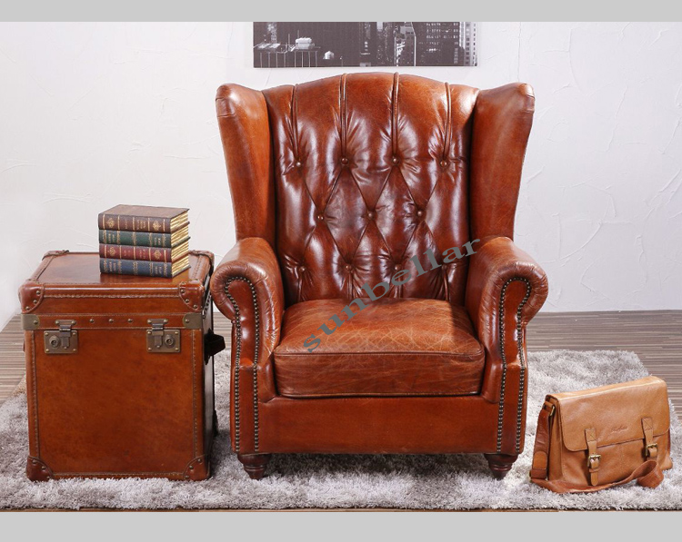 luxury American village vintage genuine leather wing back chair tufted buttons chesterfield rolled arm high back sofa chair
